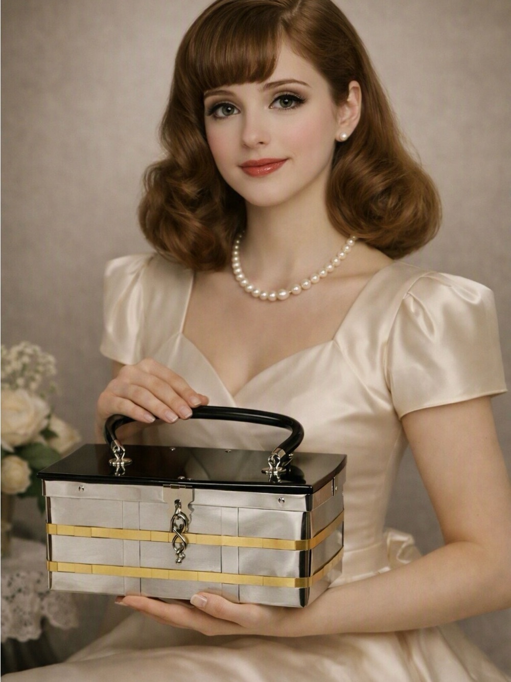 Vintage 1950s Dorset Rex Fifth Avenue Silver gold Woven Metal Box lucite purse
